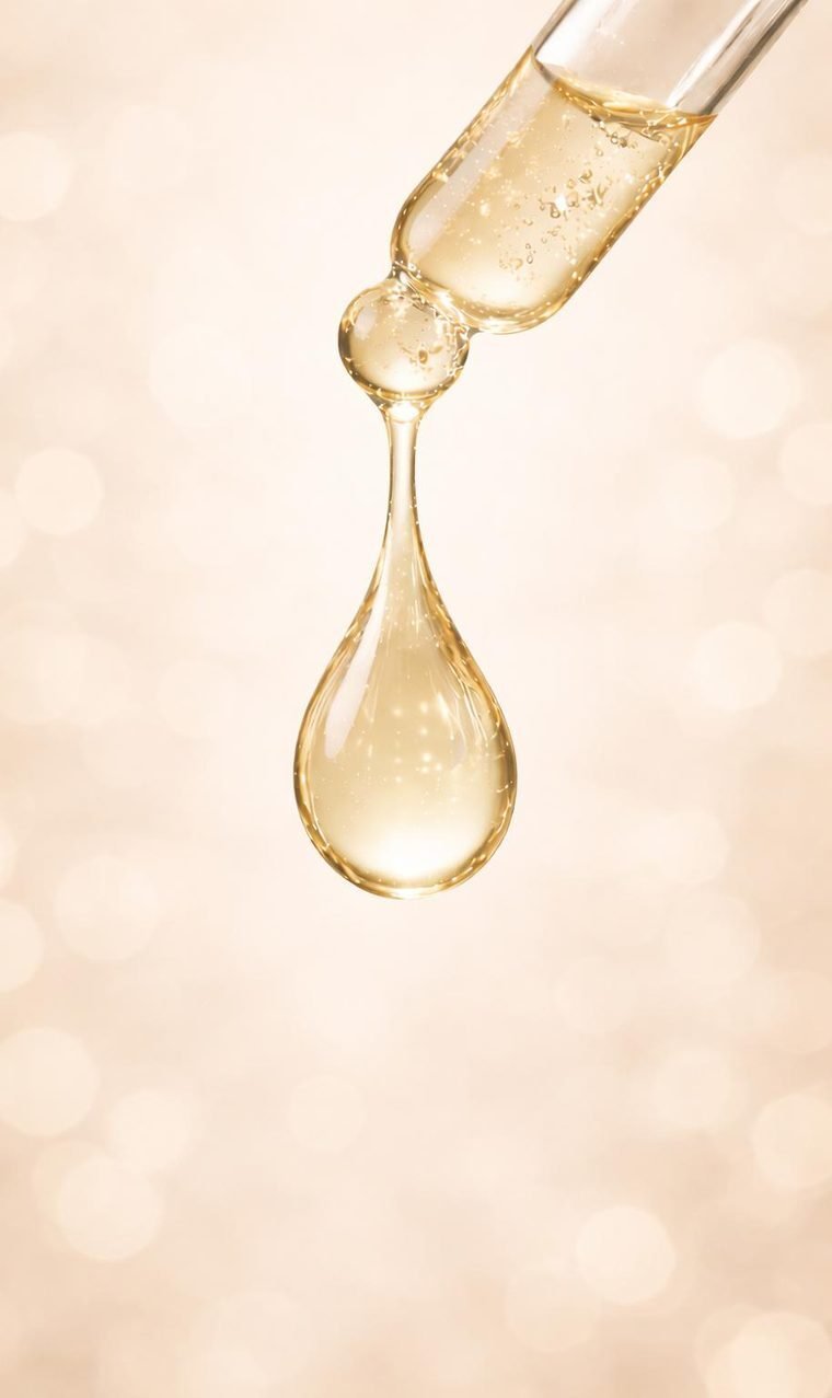A single golden drop of fragrance oil falling from a glass dropper